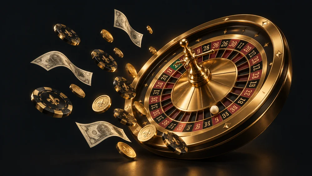 Онлайн казино (casino): золотая рулетка, фишки и купюры